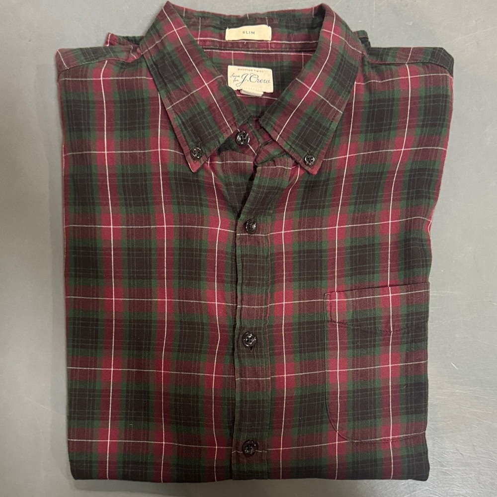 J. Crew Men's Plaid Shirt - Burgundy and Dark Green